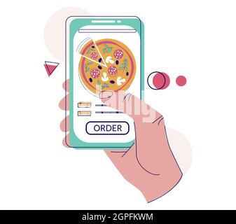 Smartphone portatile con pizza sullo schermo, illustrazione vettoriale. Ordine e consegna pizza online. Illustrazione Vettoriale