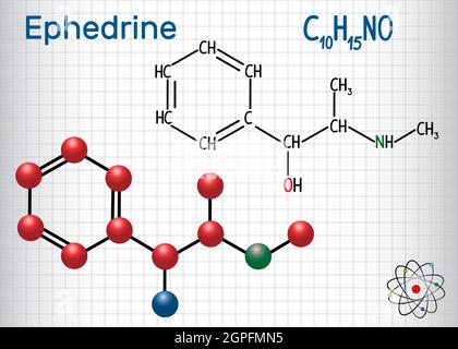 La molecola di efedrina (C10H15NO), è un farmaco e stimolante. Formula chimica strutturale e modello molecolare. Foglio di carta in gabbia Illustrazione Vettoriale