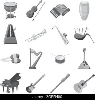 Strumenti musicali di set di icone di colore grigio in stile monocromatico Illustrazione Vettoriale