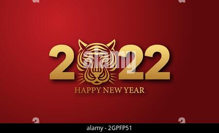 Felice anno nuovo 2022 vettore. golden 2022 testo con una testa tigre. Felice anno nuovo cinese. Anno della tigre zodiac. 2022 disegno adatto per i saluti, Illustrazione Vettoriale