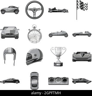 Car racing set di icone, grigio in stile monocromatico Illustrazione Vettoriale