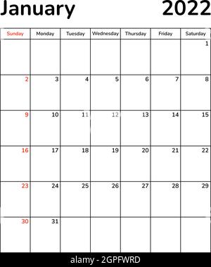Pagine mensili del pianificatore 2022. Pagina del calendario del mese di gennaio. Modello di vettore di pianificazione dell'agenda elettronica. Calendario aziendale tavolo da parete. Settimana Illustrazione Vettoriale