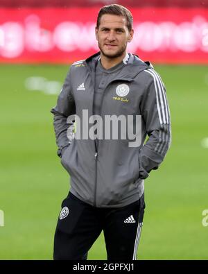 MIDDLESBROUGH, REGNO UNITO. 28 SETTEMBRE lo Sheffield United's Billy Sharp durante la partita di Sky Bet Championship tra Middlesbrough e Sheffield United al Riverside Stadium di Middlesbrough martedì 28 settembre 2021. (Credit: Mark Fletcher | MI News) Credit: MI News & Sport /Alamy Live News Foto Stock