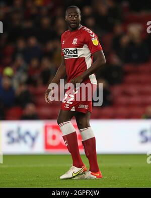 MIDDLESBROUGH, REGNO UNITO. 28 SETTEMBRE Middlesbrough's Souleymane Bamba durante la partita del campionato Sky Bet tra Middlesbrough e Sheffield United al Riverside Stadium di Middlesbrough martedì 28 settembre 2021. (Credit: Mark Fletcher | MI News) Credit: MI News & Sport /Alamy Live News Foto Stock