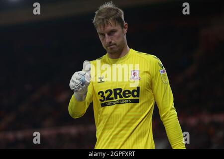 MIDDLESBROUGH, REGNO UNITO. 28 SETTEMBRE Joe Lumley di Middlesbrough durante la partita del campionato Sky Bet tra Middlesbrough e Sheffield United al Riverside Stadium di Middlesbrough martedì 28 settembre 2021. (Credit: Mark Fletcher | MI News) Credit: MI News & Sport /Alamy Live News Foto Stock