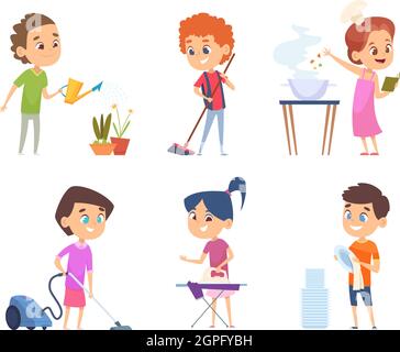 Lavori di casa dei bambini. I bambini che aiutano i loro genitori che puliscono le finestre che fanno la doccia raccolgono i giocattoli vettoriali personaggi cartoni animati Illustrazione Vettoriale