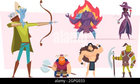 Personaggi fantasy. Creature e umani fiabeschi elf orc demone gigantesco vettore cartoon personages Illustrazione Vettoriale