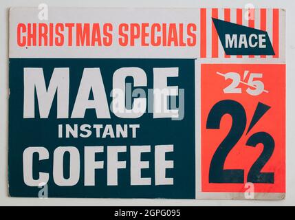 Vintage 1960 Mace Shop Price Display Card - caffè istantaneo Foto Stock