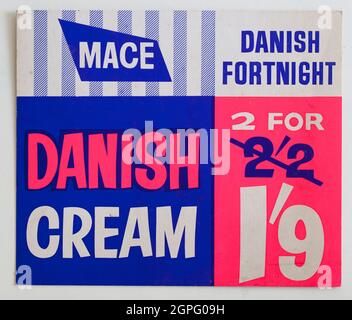 Vintage 1960 Mace Shop Price Display Card - Danish Cream Foto Stock