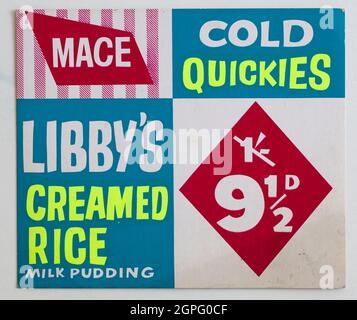 Vintage 1960 Mace Shop Price Display Card - Libbys Creamed Rice Foto Stock