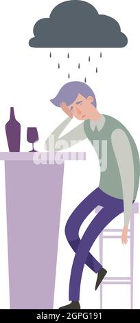 Dipendenza da alcol. Triste uomo depresso metafora. Ragazzo da solo con bevanda in bar e grigio pioggia nube vettore illustrazione Illustrazione Vettoriale