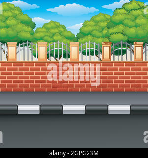 Scenario di una strada con recinzioni in mattoni e piante verdi Illustrazione Vettoriale