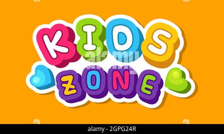 Banner zona bambini. Simpatico adesivo colorato per la stanza dei bambini. Design vettoriale logo sala giochi Illustrazione Vettoriale