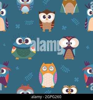 Modello OWL. Bambini senza cuciture carta da parati selvaggi notte uccelli colorati con ali di piume. Sfondo vettoriale Illustrazione Vettoriale