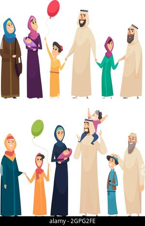 Famiglia musulmana. Grande arabo felice famiglia sauditi gente padre madre ragazzi ragazze anziani personaggi vettoriali Illustrazione Vettoriale