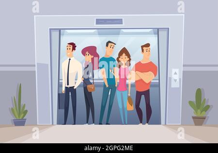 Personale in ascensore. Business folla manager in piedi in ascensore luminoso porte per ufficio persone vettoriali Illustrazione Vettoriale