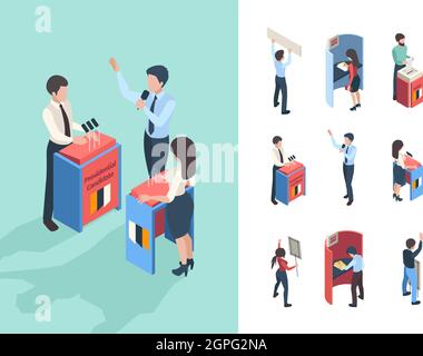 Voto politico. I giornalisti e gli oratori che hanno scelto il presidente o il parlamento votano le persone isometriche vettoriali della campagna Illustrazione Vettoriale
