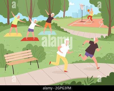 Attività parco anziani. Persone anziane nonni che camminano in parco urbano stile di vita sano di felice anziano ricreazione esercizi vettore Illustrazione Vettoriale