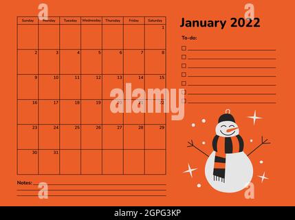 Pianificatore orizzontale 2022. Pagina del calendario di gennaio. Modello di vettore di pianificazione dell'agenda elettronica. Pagine mensili. La settimana inizia la domenica. Vacanze invernali Illustrazione Vettoriale