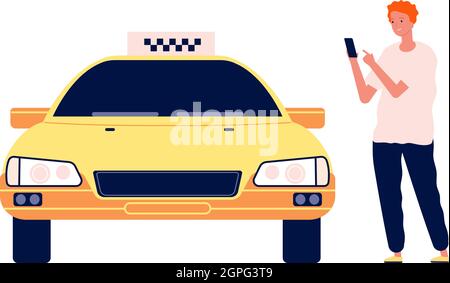 Uomo chiamata taxi. Ragazzo che utilizza l'app online per auto. Cartoon flat giallo auto e sorridente ragazzo vettore illustrazione Illustrazione Vettoriale