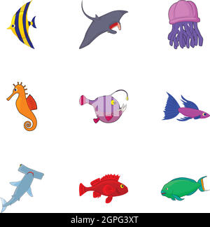 Ocean pesce set di icone, stile cartoon Illustrazione Vettoriale