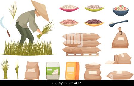 Sacchetti di riso. Prodotti agricoli riso bianco e marrone che trasporta ingredienti alimentari illustrazioni vettoriali Illustrazione Vettoriale