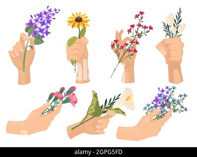Mani con fiori. Fioristi persone che tengono bouquet bello con fiori selvatici illustrazioni vettoriali per le donne Illustrazione Vettoriale