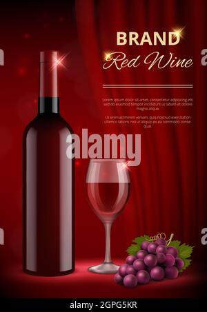 Annunci di vino. Etichetta promozionale alcolica con bottiglie rosse e spruzzi di vino liquido con dima realista drops vettoriale Illustrazione Vettoriale