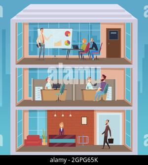 Business center. Office building occupato persone attività quotidiana open working space manager business building cross section floor vettoriale background Illustrazione Vettoriale