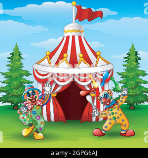 Cartoon clown felice sullo sfondo della tenda circus Illustrazione Vettoriale
