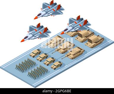 Parata militare. Esercito armature combattono soldati uniformi Troop e guerra potenza veicolo carri armati armi dure vacanza presentazione vettore isometrico Illustrazione Vettoriale