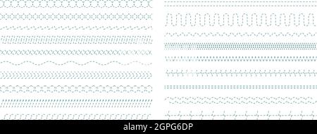 Ricamo punti. Tessuto cucito spelato forme tessili divisori geometrici cucire spazzole vettoriale senza cuciture set Illustrazione Vettoriale