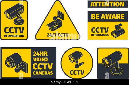 Sistemi TVCC. Badge informativi sicurezza rimbalzo avvertenza rapina segnale sicurezza pericolo allarme vettore segno Illustrazione Vettoriale
