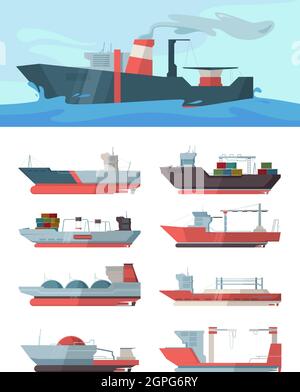 Nave industriale. Trasporto nave da carico mare grande nave oceanica con contenitori petroliere illustrazioni vettori petroliferi Illustrazione Vettoriale