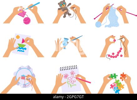 Creazione manuale. Illustrazioni di disegno a maglia dei bambini con spazzola e forbici che tagliano la carta scrapbooking vettore vista dall'alto illustrazioni Illustrazione Vettoriale