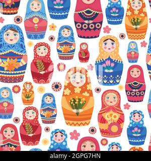 Modello di bambola russa. Design tessile con autentica decorazione floreale russa su giocattoli femminili vettoriali sfondo senza cuciture Illustrazione Vettoriale