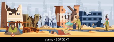 Poveri in città danneggiate. La guerra ha colpito le persone, le case rotte e la strada. Illustrazione vettoriale dei problemi dei rifugiati Illustrazione Vettoriale