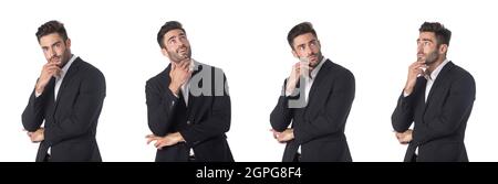 Set di ritratti di bel giovane uomo d'affari pensare guardando fino a spazio vuoto copia, uomo d'affari tenere la mano sul mento isolato su sfondo bianco Foto Stock