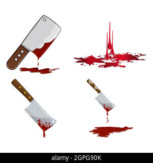 Lievito con set di icone del sangue. Macellaio sanguinante che usa per tagliare la carne. Illustrazione vettoriale isolata su sfondo bianco. Illustrazione Vettoriale