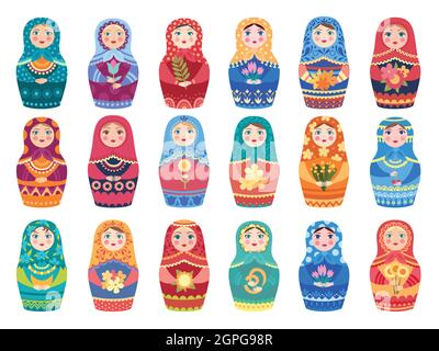 Bambola russa colorata. I giocattoli tradizionali della mosca autentici motivi floreali colorati della decorazione della donna o della ragazza vettoriali Illustrazione Vettoriale