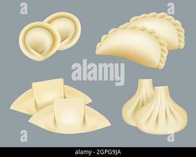 Gnocchi. Prodotti da pasta wontons manti gnocchi cucina tradizionale asiatica collezione realistica Illustrazione Vettoriale