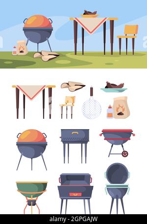 Supporto per barbecue. Bistecca da picnic alla griglia in estate all'aperto, articoli da cucina per cibo vettore barbecue cortile Illustrazione Vettoriale