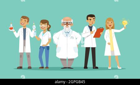 Team di laboratorio. Gruppo di scienziati o medici, ricercatori. Cartoon ospedale personale, virologi illustrazione vettoriale Illustrazione Vettoriale