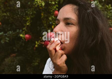 giovane bella donna che mangia melograni rossi sani mature da albero in giardino. concetto di sano stile di vita e dieta autunno e inverno, all'aperto con na Foto Stock