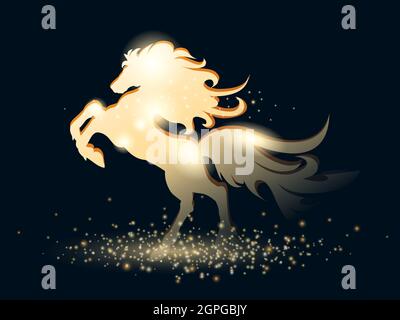 Golden Stallion su sfondo nero stellato. Illustrazione vettoriale Illustrazione Vettoriale