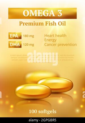 Bellezza ads sfondo. Modello di design premium della capsula d'olio d'oro con molecole realistiche vettoriali di vitamina e o collagene Illustrazione Vettoriale