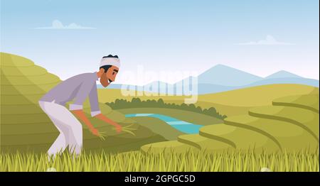 Paesaggio agricolo indiano. Coltivatore che lavora in campi di riso indiano lavoratore rurale vettore cartoon sfondo Illustrazione Vettoriale