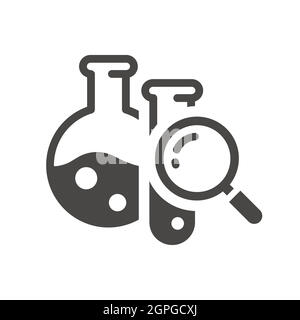 Provette per analisi chimica con icona a lente di ingrandimento Illustrazione Vettoriale