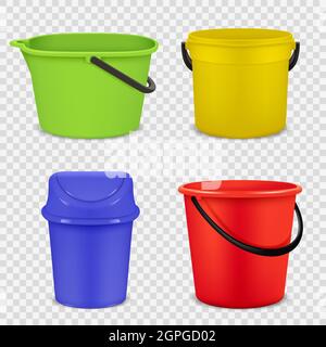 Bucket realistici. Materiale in metallo e plastica per secchi vuoti d'acqua o spazzatura modelli vettoriali 3d Illustrazione Vettoriale