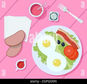 Colazione al tavolo, vista dall'alto. Illustrazione vettoriale di un delizioso pasto mattutino, succo di frutta, pane e uova fritte. Stile piatto. Illustrazione Vettoriale